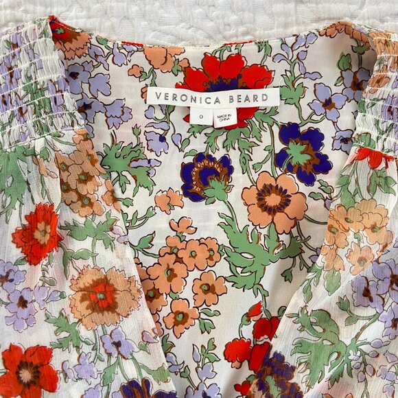 Veronica Beard Saera Smocked Multi Floral Print Chiffon Mini Ruffle Dress Size 0 - Picture 7 of 8